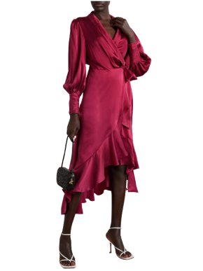 Zimmermann Claret Asymmetric Ruffled Silk Wrap Dress