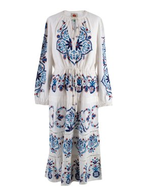 Farm Rio Off-white & Navy Embroidered Midi Dress