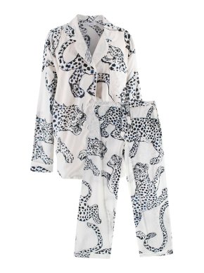 Desmond & Dempsey jaguar print white & navy pyjama set