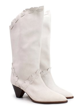 Isabel Marant White Leesta Scalloped Suede Cowboy Boots