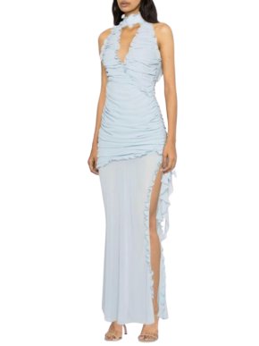 De La Vali Lilith Blue Chiffon Ruched Maxi Dress