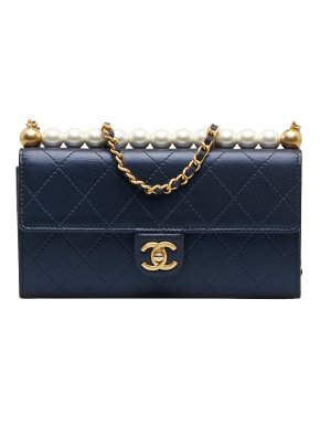 Chanel Navy Goatskin Pearl Detail Clutch on Chain