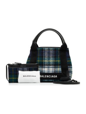 Balenciaga Checked Navy Wool XS Cabas Bag