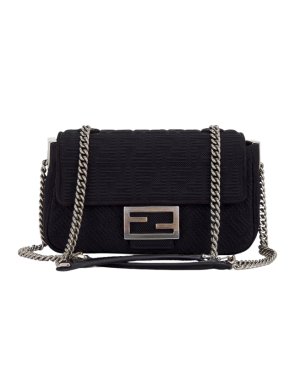 Fendi Black Canvas Midi Chain Baguette Crossbody Bag
