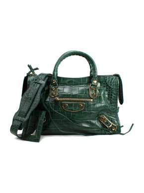 Balenciaga Emerald Green Croc Embossed Metallic Edge City Bag