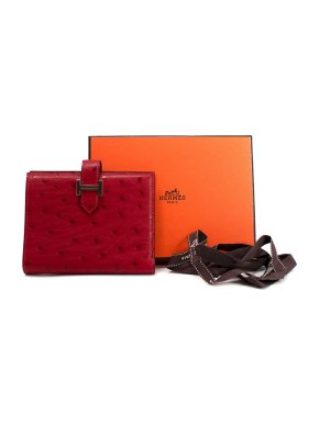 Hermes Hermès Red Ostrich Leather Béarn Compact Wallet