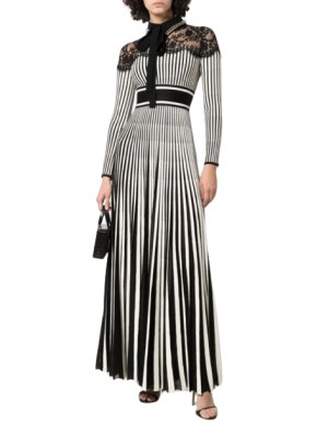 Elie Saab Striped Stretch Knit Lace Trimmed Dress