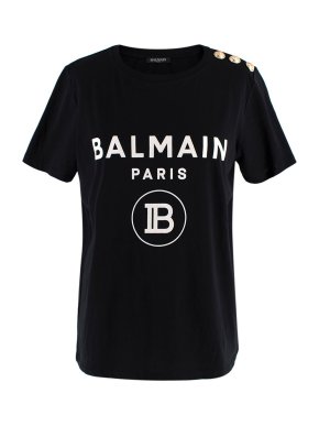 Balmain Black Logo Print Button Detail T-shirt