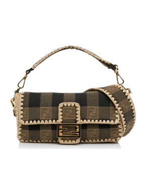 Fendi Brown Check Canvas and Raffia Mamma Baguette Shoulder Bag