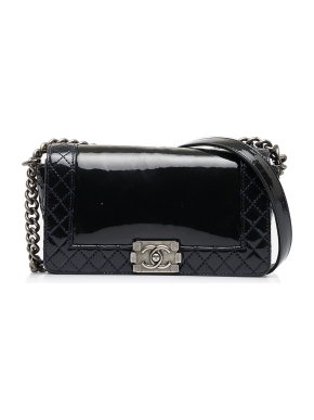 Chanel Black Medium Boy Bag in Patent Leather with Contrast Stitching