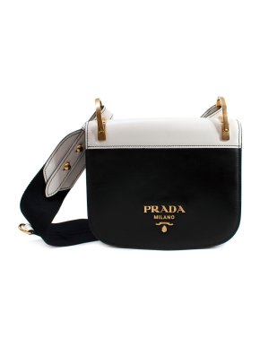 Prada Black & White Leather Pionniere Saddle Crossbody Bag