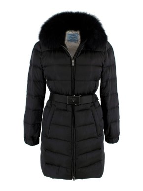 Prada Black Nylon Belted Coat with Fox Fur Trim