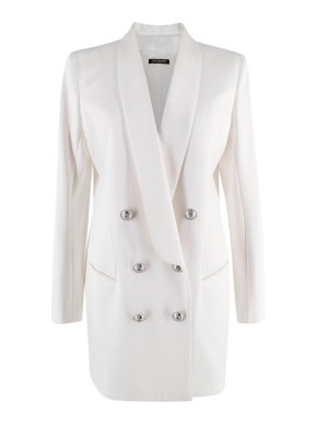 Balmain White Satin Double Breasted Longline Blazer with Silver Buttons