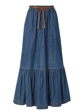 Zimmermann Moonshine Belted Tiered Denim Maxi Skirt