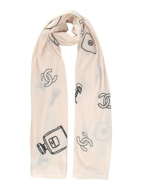 Chanel Icons Embroidered Cream Wool Blend Scarf