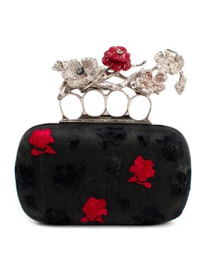 Alexander McQueen Black and Red Embroidered Floral Box Clutch Bag
