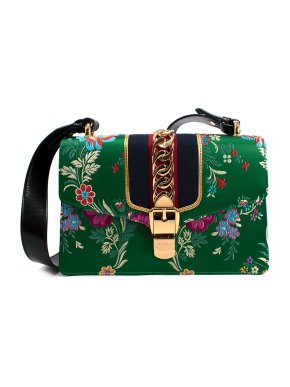 Gucci Green Silk Floral Embroidered Small Sylvie Shoulder Bag