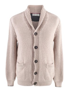 Brunello Cucinelli Beige Cotton Blend Shawl Collar Knitted Cardigan