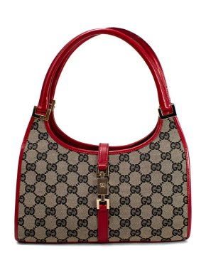 Gucci Vintage Beige and Red Trim Monogram Bardot Bag
