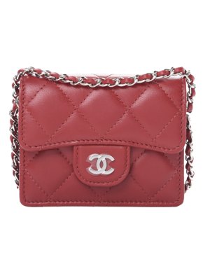 Chanel Red  Lambskin Card Holder on Chain with Silver Hardware