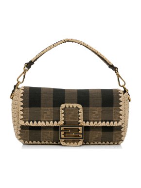Fendi Brown Checked Pequin Canvas and Raffia Baguette Bag