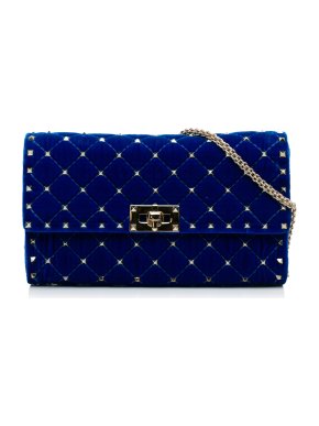 Valentino Blue Velvet Quilted Rockstud Wallet on Chain