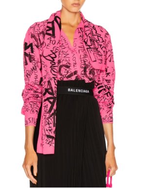 Balenciaga bright pink blouse with black writing