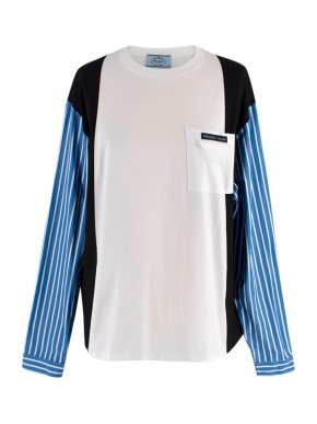 Prada black and white top with blue stripy sleeves