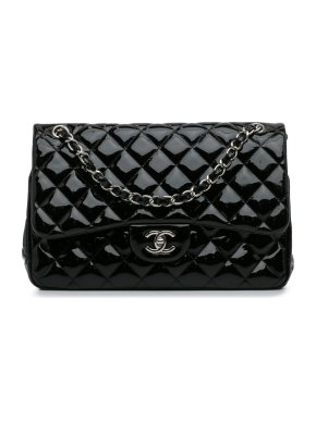 Chanel Black Patent Leather Jumbo Double Flap Bag with Silver Hardware