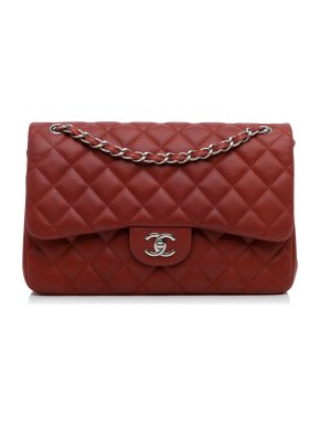 Chanel Red Caviar Jumbo Double Flap Bag with Silver Hardware