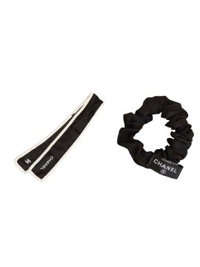 Chanel Black and White CC Silk Hair Scrunchie and Ribbon Set