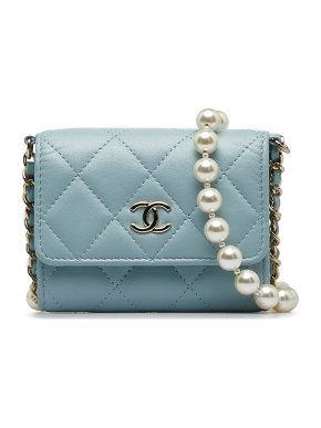 Chanel Blue Card Holder on Pearl Chain