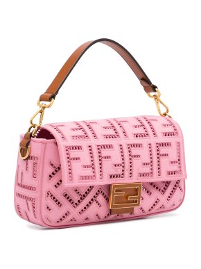 Fendi Pink FF Openwork Embroidered Canvas Baguette Bag