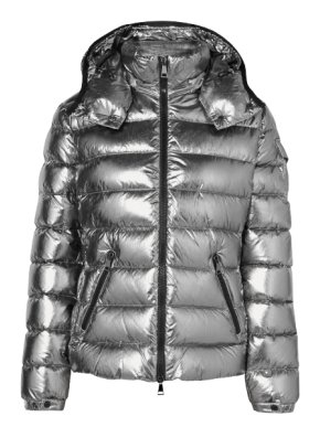 Moncler Silver Down Hooded Puffer Coat