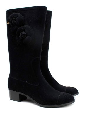 Chanel Black Velvet Camellia Calf Length Boots