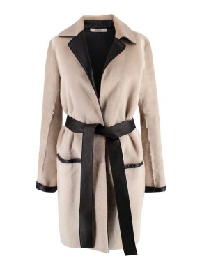 Celine by Phoebe Philo Beige Lambs Shearling and Black Leather Belted Coat