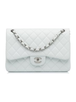 Chanel White Caviar Leather Jumbo Double Flap Bag with Silver Hardware
