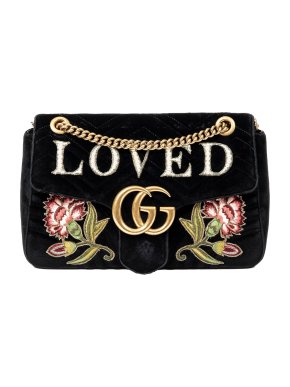 Gucci Black Medium GG Marmont Embroidered Matelasse Velvet Crossbody Bag