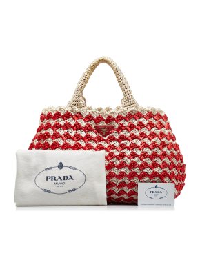 Prada Red and White Raffia Tote Bag