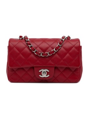 Chanel Red Caviar Mini Rectangular Single Flap Bag with Silver Hardware