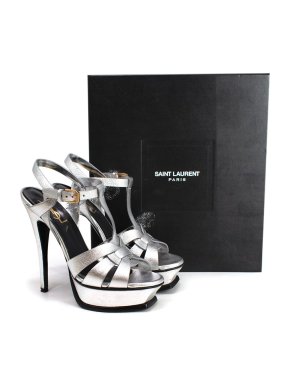 YSL Metallic Silver Tribute Platform Heels