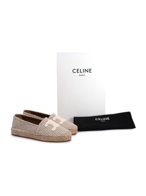 Celine Beige and White Striped Triomphe Logo Espadrilles