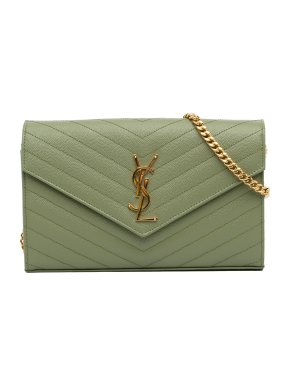 Saint Laurent Green Grain De Poudre Cassandre Envelope Wallet on Chain