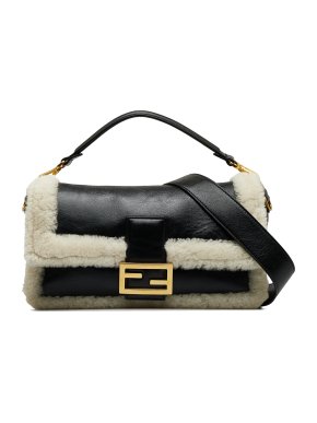 Fendi Black and White Large Shearling Baguette Bag