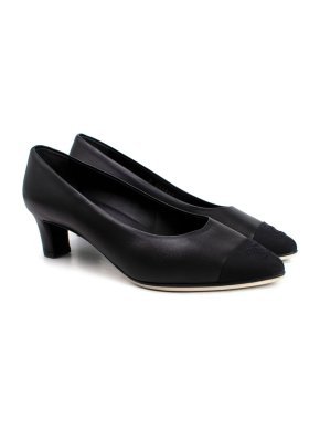 Chanel Black Leather Grosgrain Toe Cap Pumps