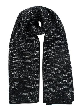 Chanel Black, White & Grey Cashmere Blend Knitted Scarf