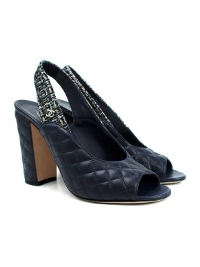 Chanel Navy Quilted Leather and Tweed Slingback Heels