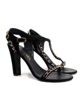 Chanel Black Suede Chain Trimmed T-Strap Sandals