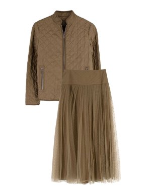 Dior Khaki Quilted Jacket and Tulle Midi Skirt Set