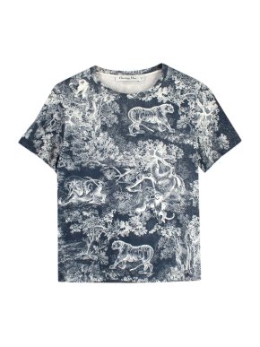 Dior Navy Blue Toile de Jouy Cotton and Linen T-shirt